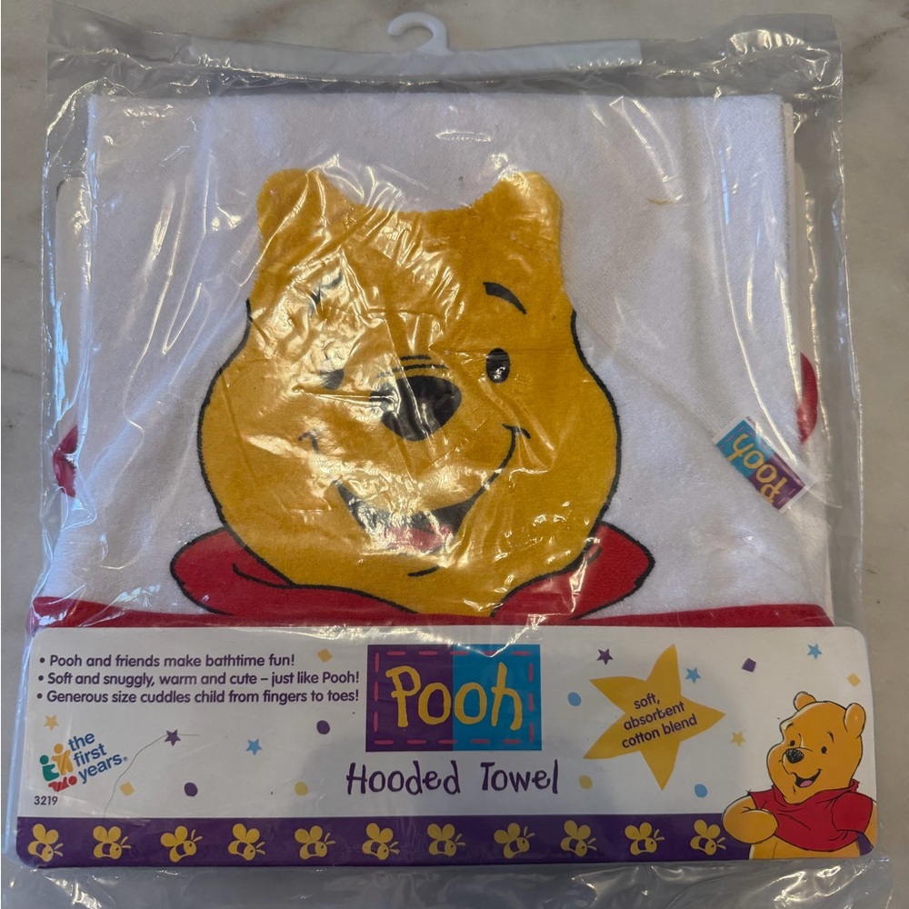 Vintage 90s Disney Pooh Yellow and Red Hooded Baby Towel